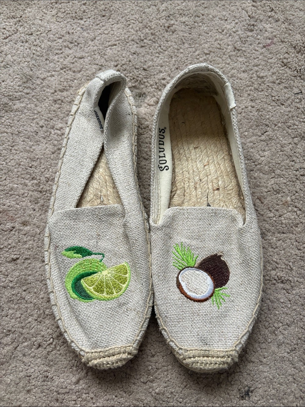 Soludos Neutral Canvas Espadrilles with Lime & Coconut Embroidery